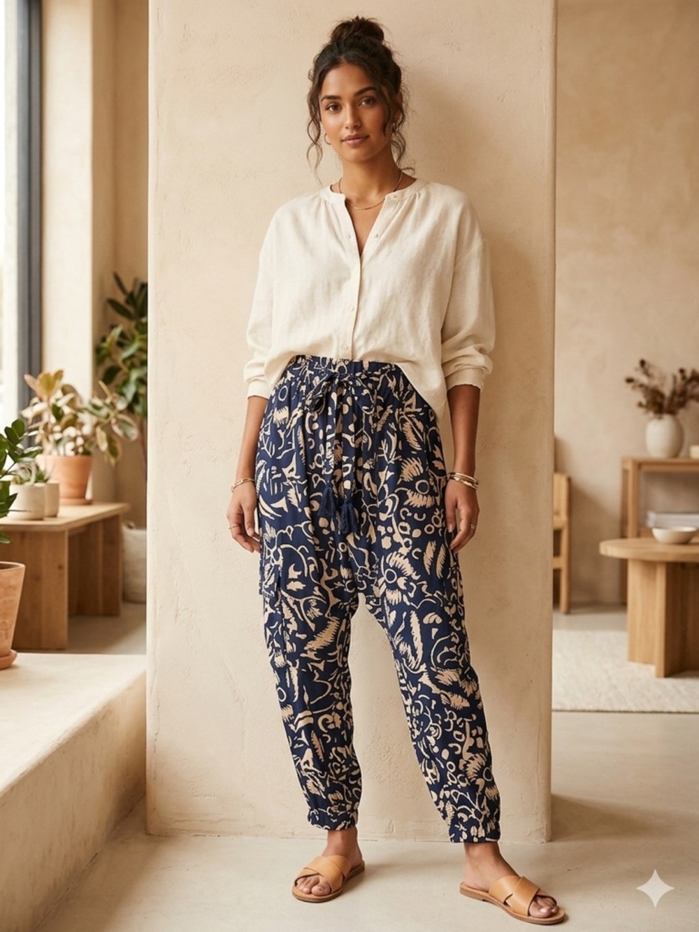 Anthropologie Navy Floral Drawstring Harem Pants